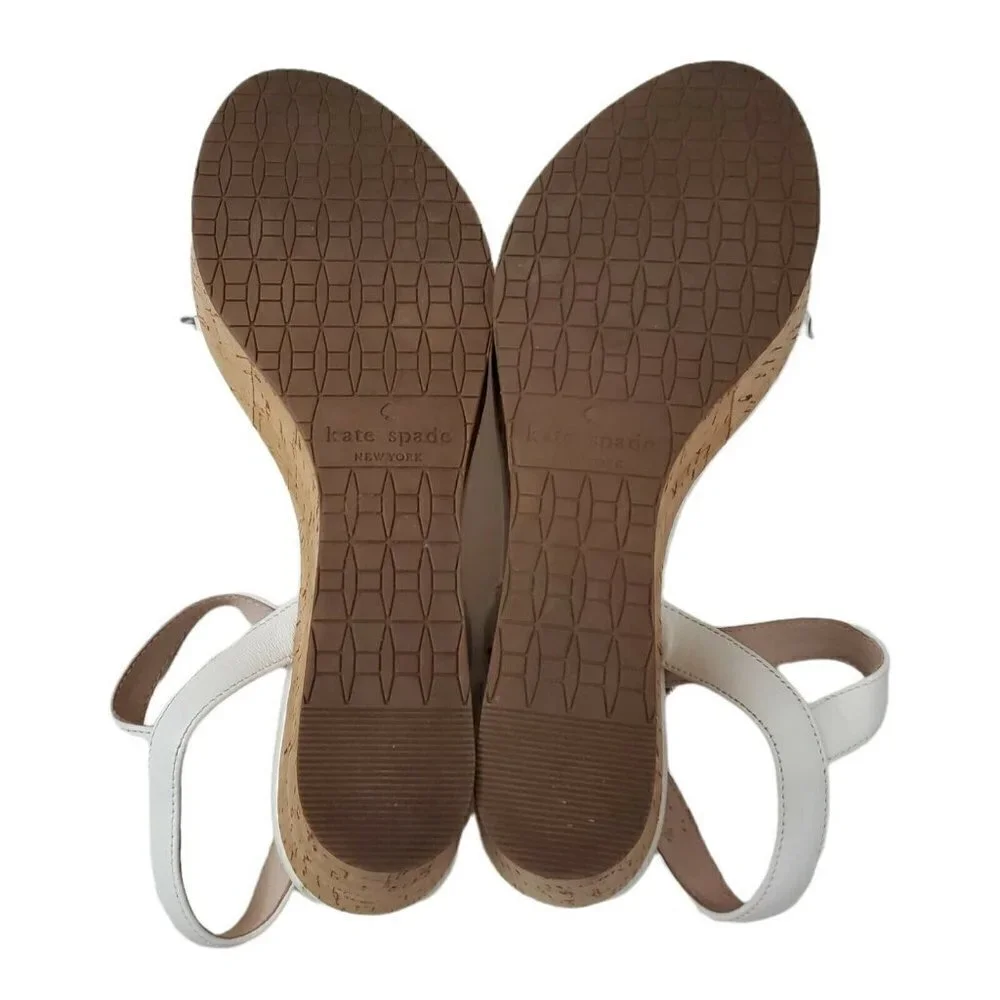 Kate Spade Tomas‎ Wedges Sandals 8.5 White Cork Platform Heel Leather Open-Toe